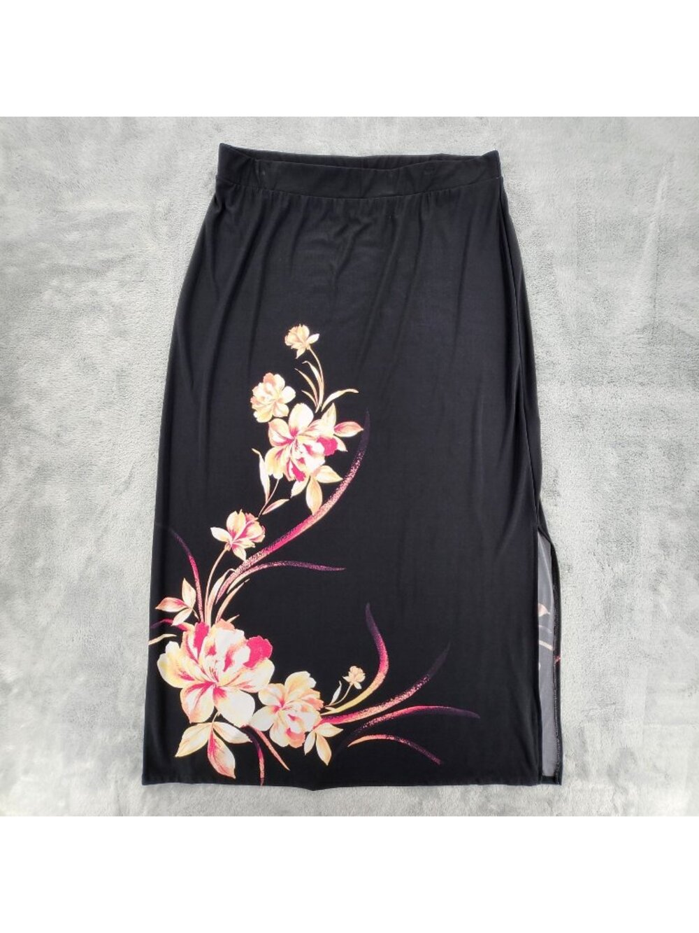 Chicos Liquid Knit Maxi Skirt 2 Floral Slinky Stretch Resort Cruise Coastal Slit